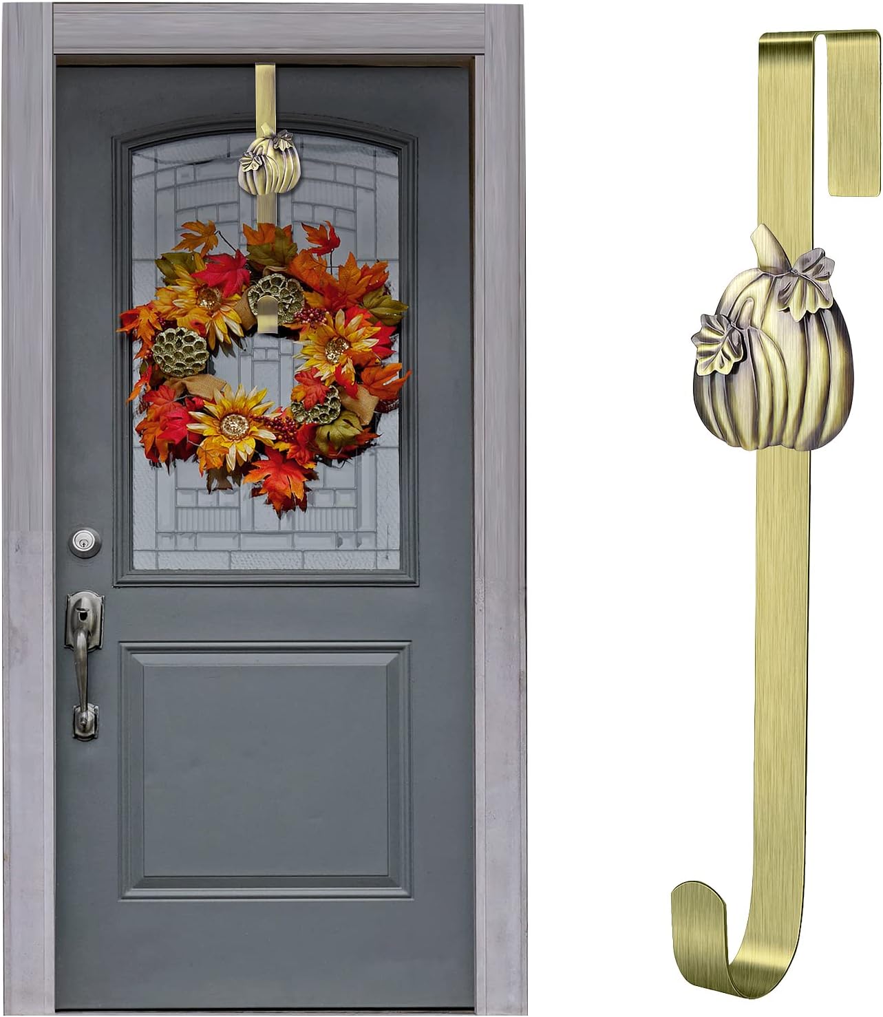 Wreath Hangers - Fovths Metal Wreath Hanger 14.5 Inches Wreath Hook with Pumpkin Interchangeable Icons Wreath Hanger for Front Door Metal Wreath Hook Thanksgiving Autumn Christmas Decorations (Green Bronze, Pumpkin)