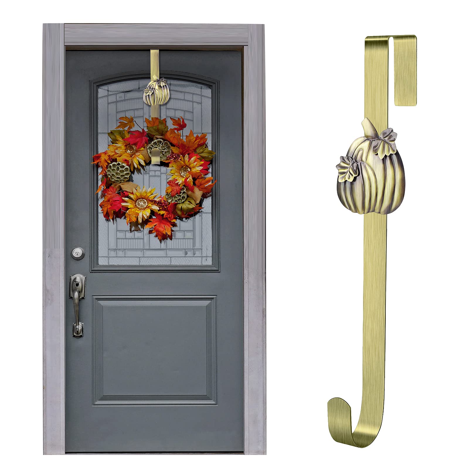 Fovths Metal Wreath Hanger 14.5 Inches Wreath Hook with Pumpkin Interchangeable Icons Wreath Hanger for Front Door Metal Wreath Hook Thanksgiving Autumn Christmas Decorations (Green Bronze, Pumpkin)