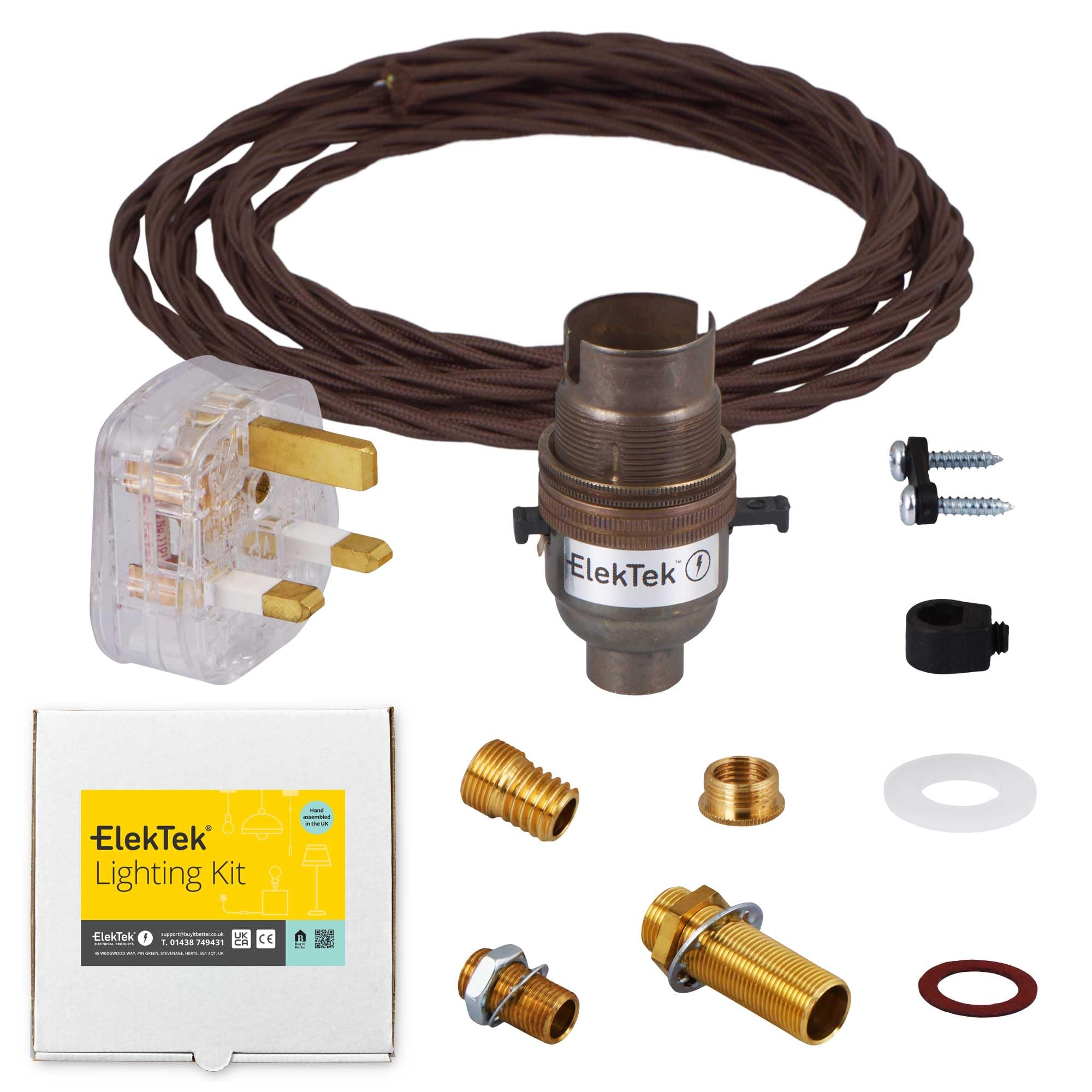 ElekTek Premium UK B22 Lamp Refurbishment Fixing Kit, Antique Brass Safety Switched Bayonet Lampholder, Extensive Fittings Pack, 13A Plug (3A Fuse), Brown Twisted Braided Fabric 3-Core Lighting Cable