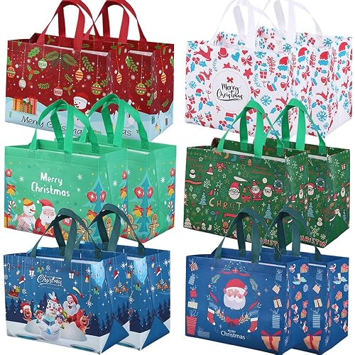 12 Pack Christmas Reusable Grocery Bag,Tote Bag with Handle, Gift Present Bag, Shopping Bag for Holiday Xmas Event Party