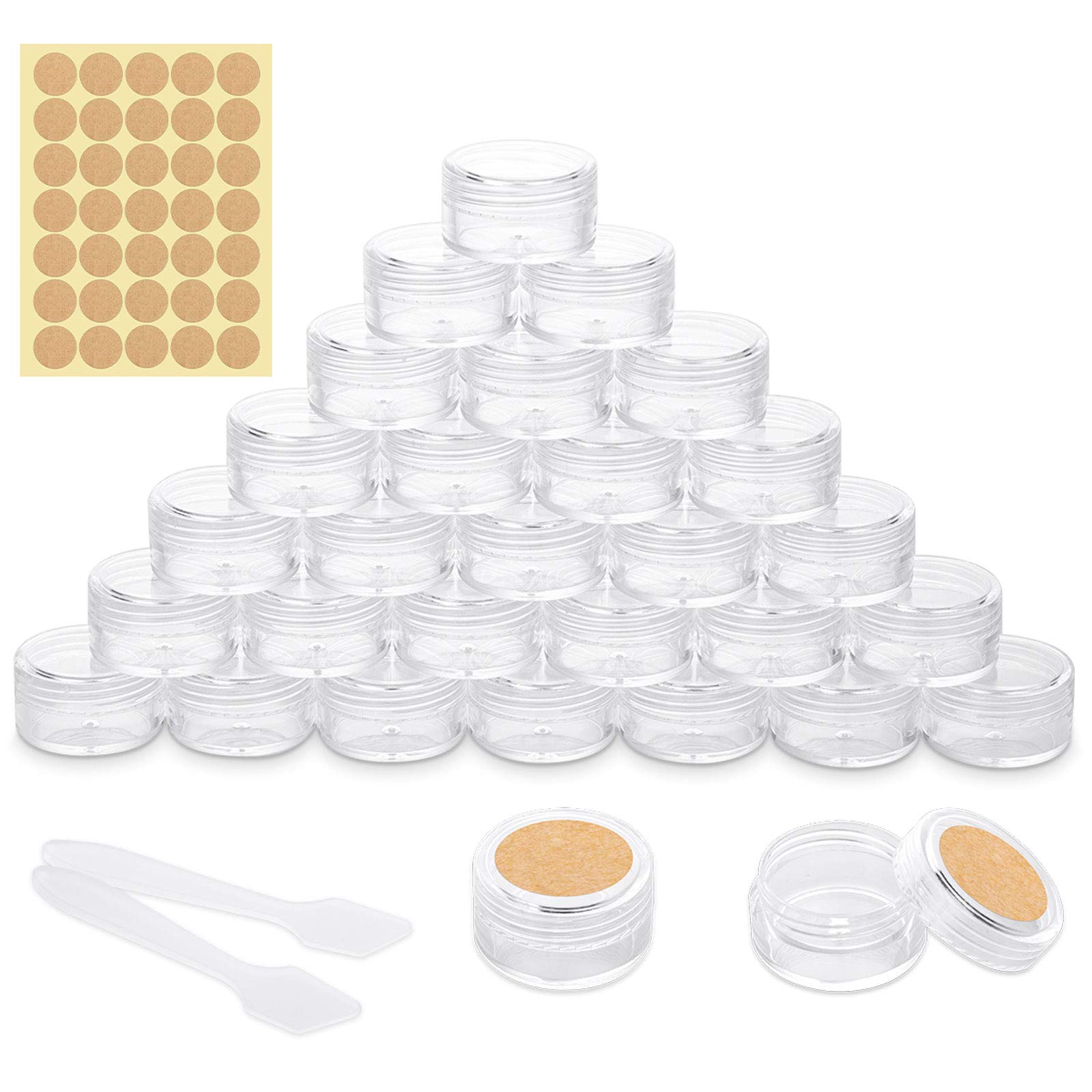 Cosmetics Container Jars Plastic Travel Sample Pots with Mini Spatula and Label Stickers, 30pcs (5g/5ml, Transparent)
