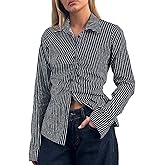 Striped Fitted Button Down Shirts Women Y2K Long Sleeve V Neck Collared Blouse Top Coquette Aesthetic Tops