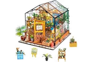ROBOTIME DIY Dollhouse Wooden Miniature Furniture Kit Mini Green House with LED Best Birthday Gifts for Boys & Girls