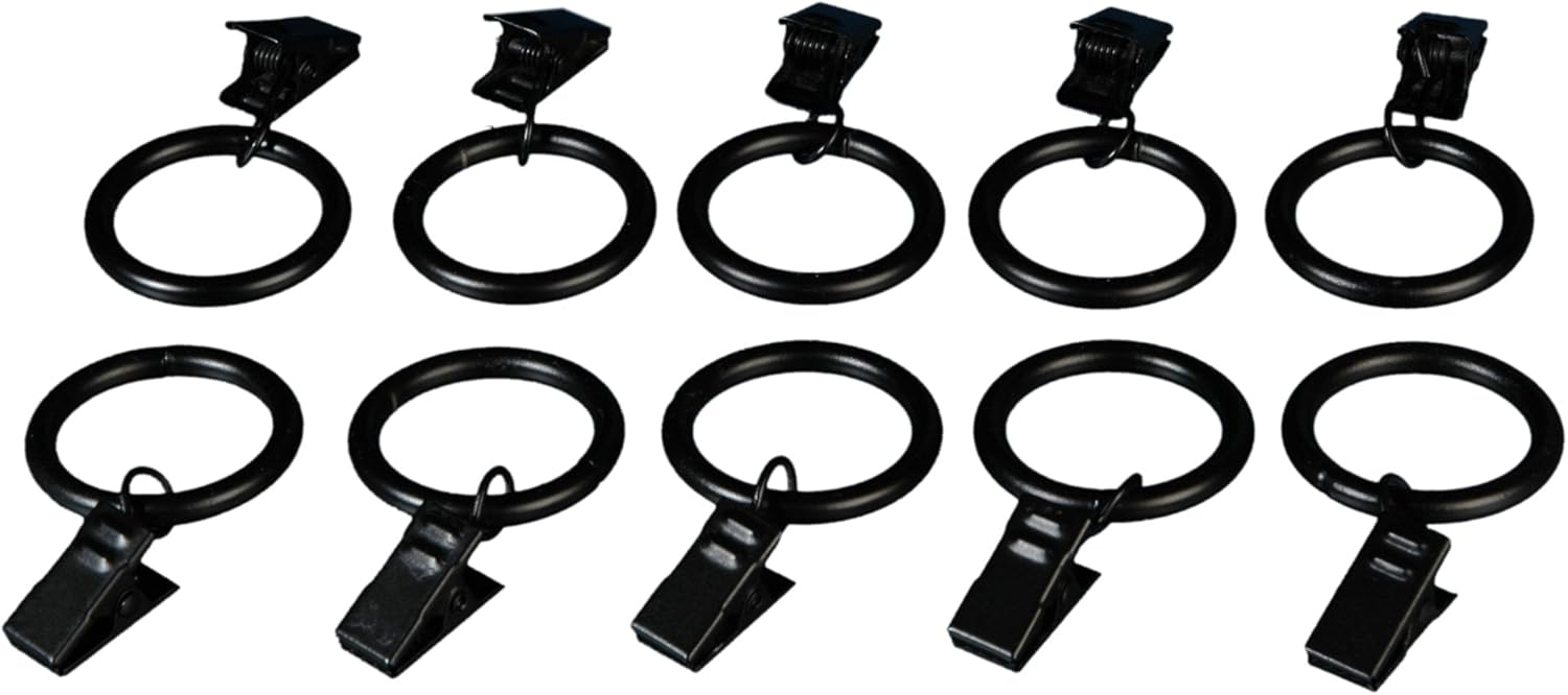 Liedeco Lot de 10 anneaux à pince pour rideau, noir, diamètre 16 mm