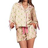 Yiulangde Womens Bow Tie Pajamas Shorts Holiday Pjs Set Long Sleeve Button Up Shirt Ruffle Shorts 2 Piece Sleepwear Jammies