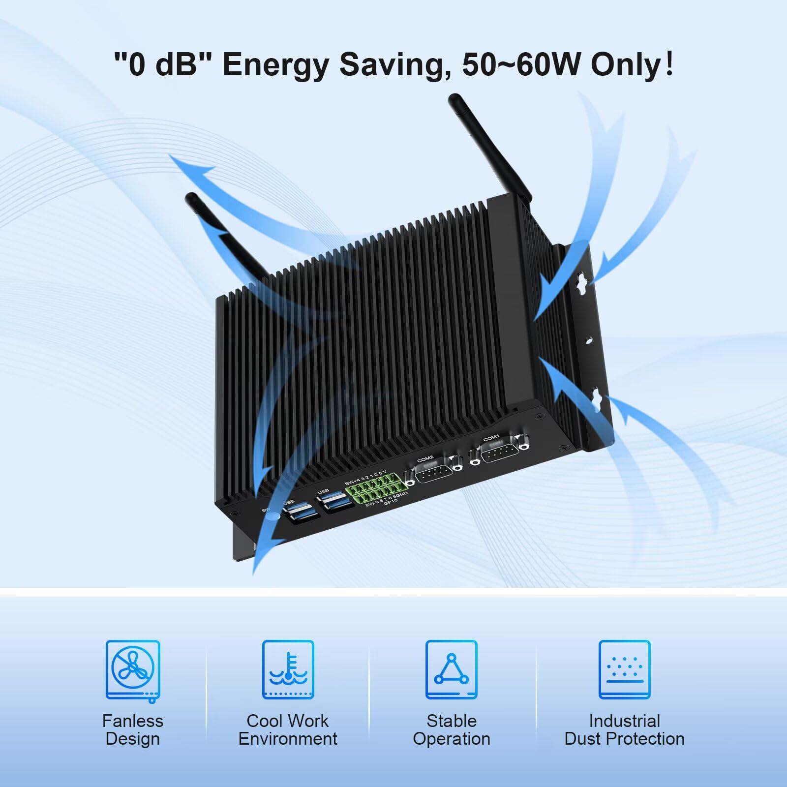 WEIDIAN PC Lüfterlos Industrie Mini PC Lüfterloser Core i7 10810U/10510U, 16GB RAM 512GB SSD Win11 Industrial Computer GPIO, 4K 2HD+DP, 2LAN, 2COM RS232/422/485, WiFi&BT RAID Wake On LAN Auto Power On 7