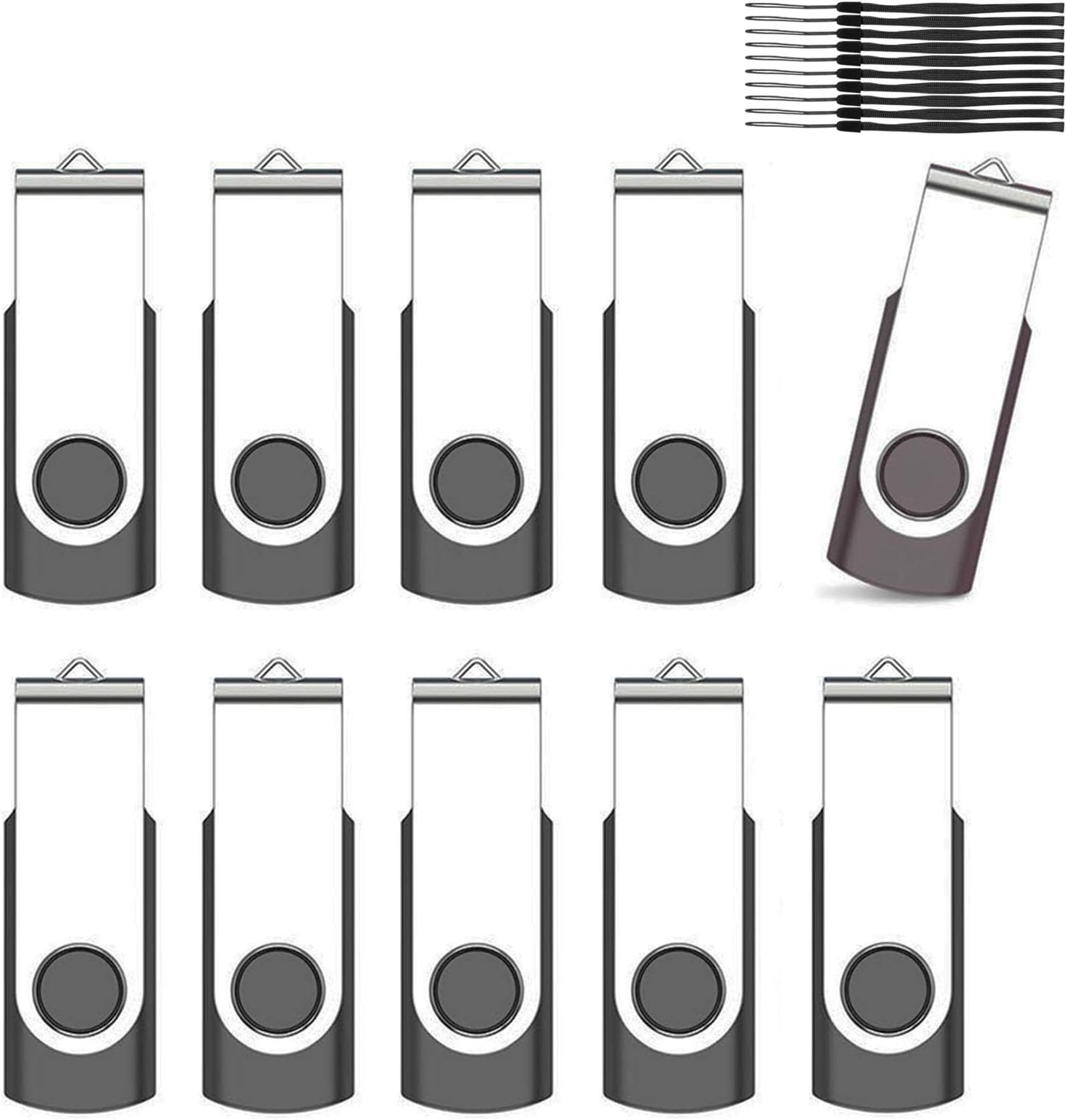 Kacai 10 Pack 1GB Memory Stick USB Stick 2.0 Flash Drive Swivel Thumb Design Pen Drive Data Storage(Black With Lanyard)