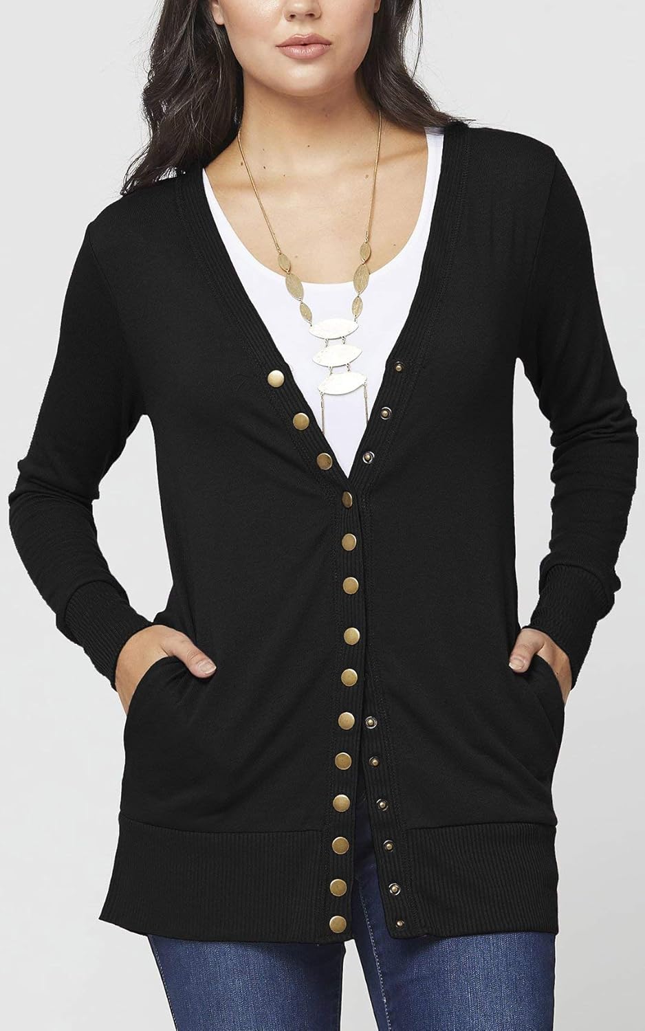 Women's Cardigan V-Neck Snap Button Down Soft Knit Long Sleeve Sweater at  Women’s Clothing store