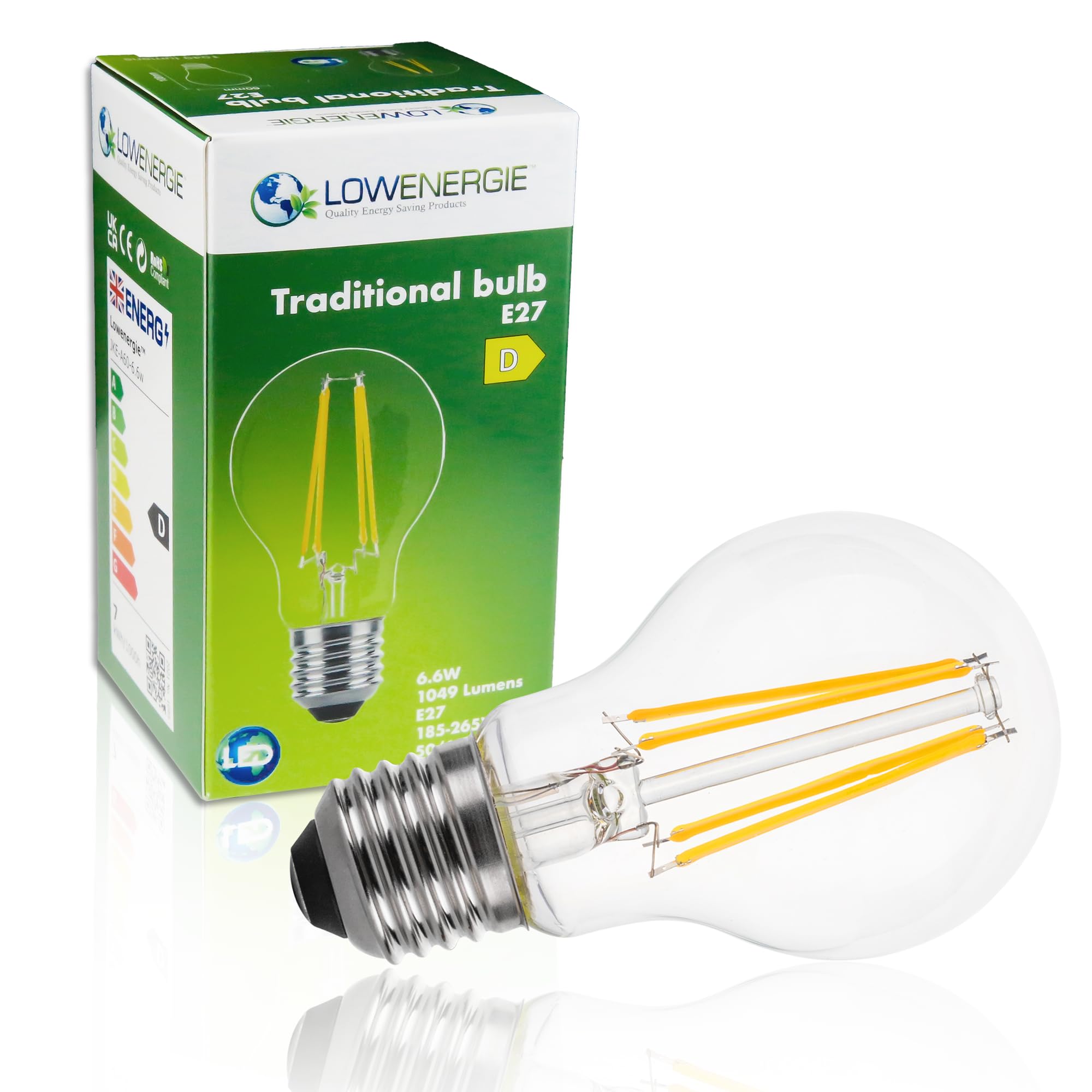 LOWENERGIE LED Filament Light Bulb A60 GLS Traditional Bulb E27 Screw 6.6w equiv Brightness 100w Warm White 2700K Energy Saving (1) — image 1