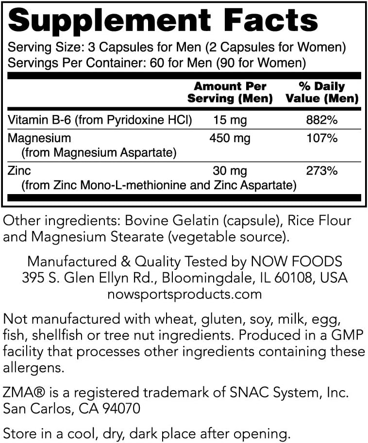 NOW Sports Nutrition, ZMA (Zinc, Magnesium and Vitamin B-6), Enhanced Absorption, Sports Recovery*, 180 Capsules: Health & Personal Care