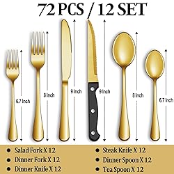 72 Pcs Gold Silverware Set with Steak