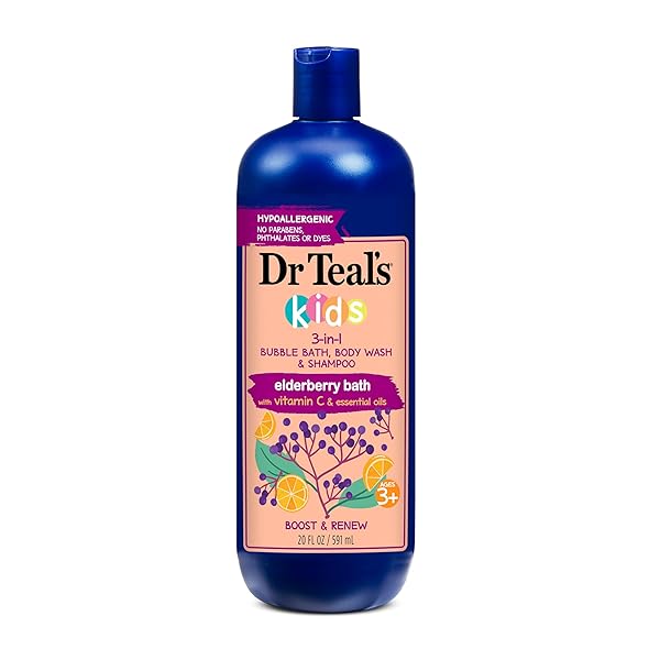 DR TEAL’S KIDS 3-IN-1 ELDERBERRY BATH: BUBBLE BATH, BODY WASH & SHAMPOO, 20 FL OZ.