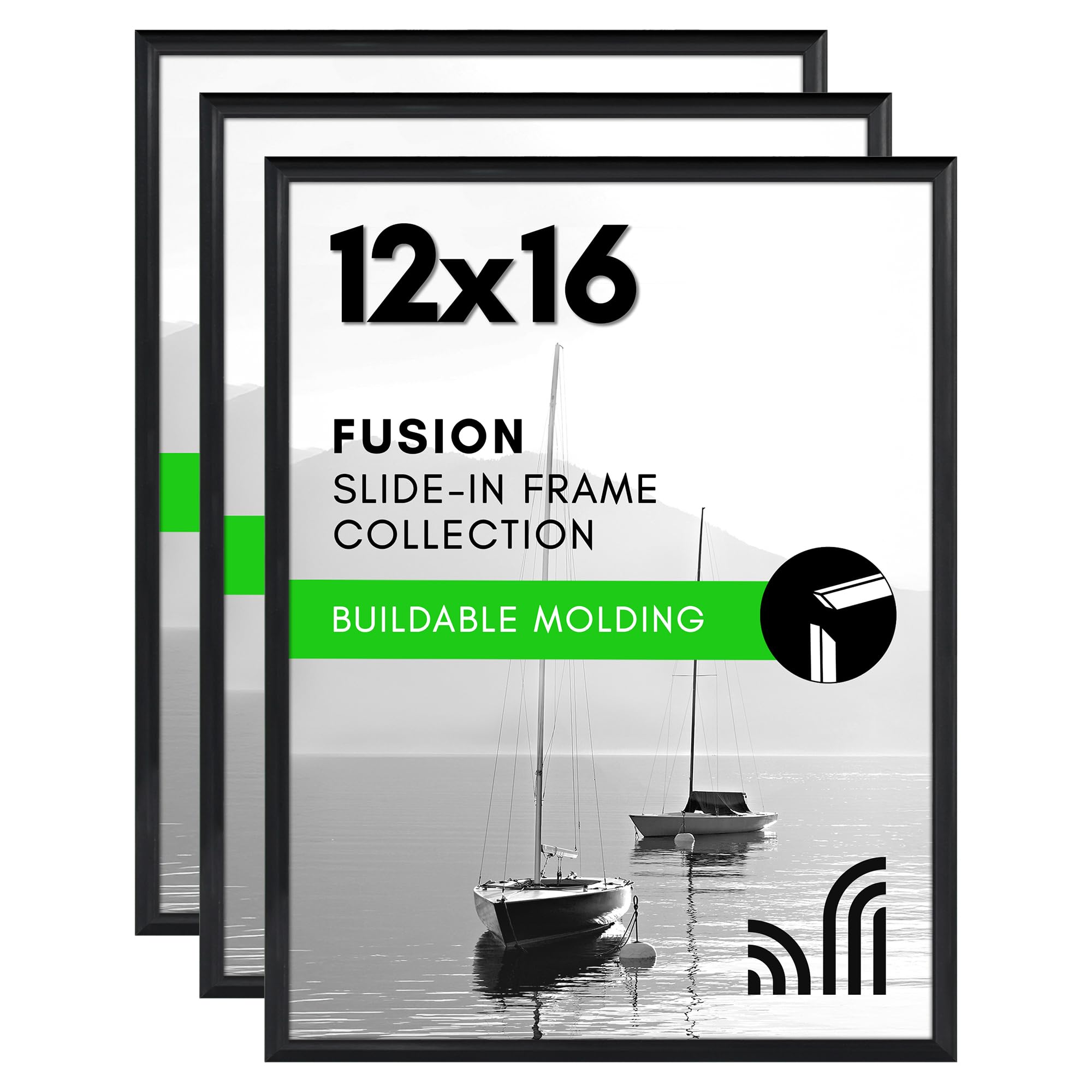 Photo 1 of Americanflat 12x16 Picture Frame with Polished Front Cover - Set of 3 - Slide-In Photo Frame with Buildable Molding - Fusion Collection - Picture Frames for Wall Display - Black