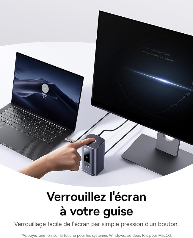 Spacemate 11 en 1 Docking Station avec Adaptateur 3 Moniteurs pour Windows, avec Écran Intelligent, 4K HDMI/DP, 10Gbps USB-C/A, 100W PD, Ethernet, Audio, Compatible avec HP/Lenovo/Dell/Acer