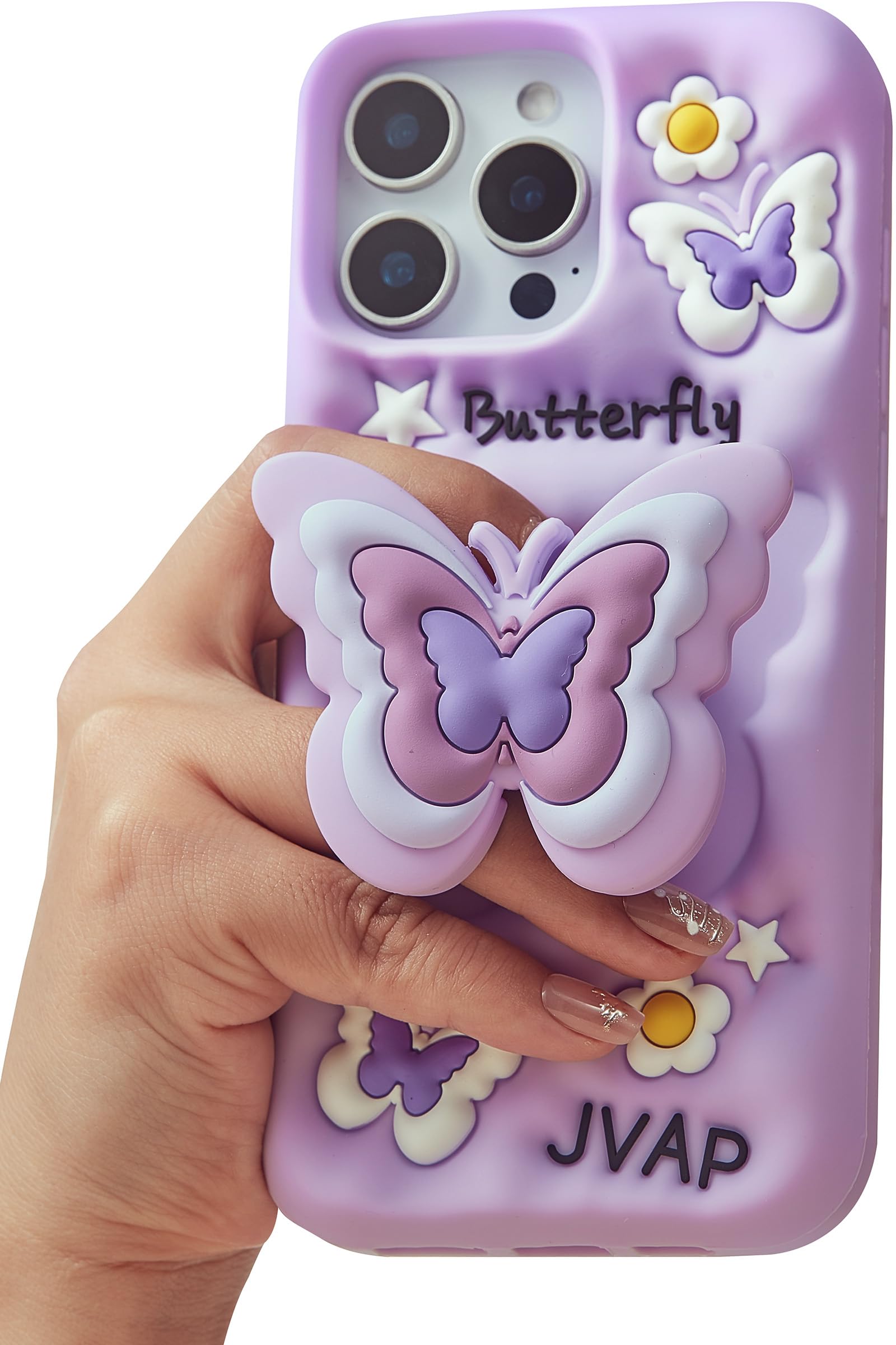 TUFTA Kawaii 3D Butterfly Phone Case for iPhone 15 Pro (with Retractable Phone Stand & Grip) Cute Girly Cartoon Soft Silicone Phone Cover for Girls, Boys, Kids, Teens, and Women, Purple