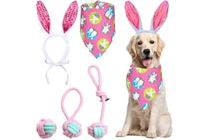 QIDELONG Dog Easter Bunny Costume, 5 Pieces Sequin Pet Rabbit Ears Headband Headwear, Rabbit Egg Bandana, Teething Chew Rope Ball Toy Set, Dog Easter Costumes for Small Medium Dogs Puppy Party Accessory (Pink)