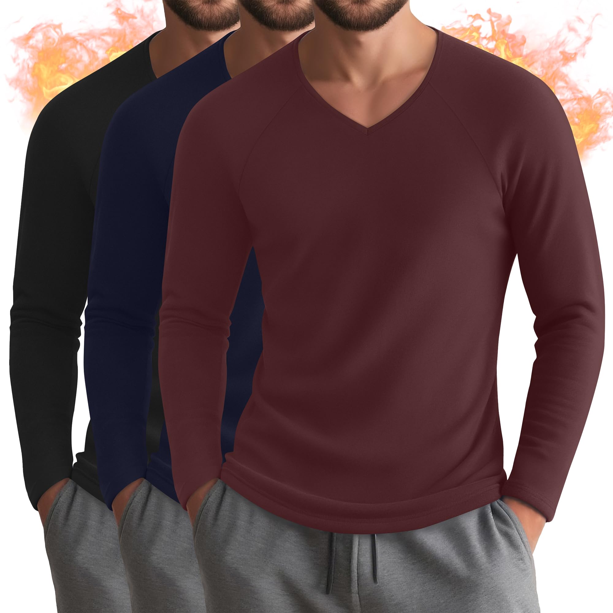 Photo 1 of ***MISSING THE BURGUNDY ONE *** Riyiper 2 Pack Men's Thermal Shirts Long Sleeve Thick T-Shirt V Neck Fleece Undershirts Basic Comfortable Winter Layer Tops(Black, Navy Blue, Burgundy,Medium)