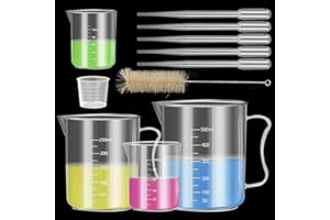 Aeseusia 5PCS Plastic Graduated Beakers Set with Handle,30ml 50ml 100ml 250ml 500ml Beakers with 5PCS Pipettes and Brush, for School and Kids Science Lab