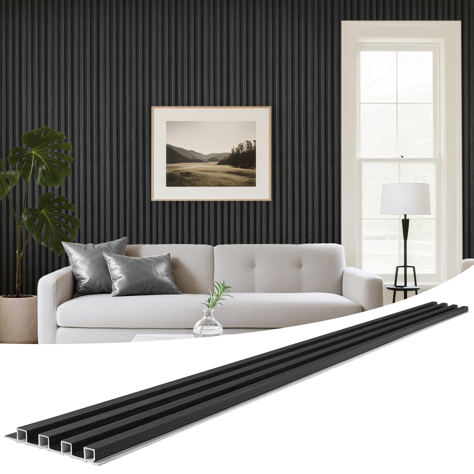 Photo 1 of LARWORKS WPC Slat Wall Panels 8 Pack 96" x 6.6", Waterproof Fluted Wall Paneling, Accent 3D Wall Panel for Wall Decor, Bathroom, Bedroom, Office - High Grille Black (Cover Approx.35 sq.ft)