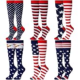 SEEWEY 6 Pairs American Flag Socks for Women, Knee High USA Socks for 4th of July Patriotic Stars Funny Gifts