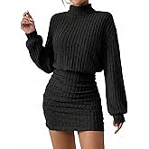 Simlakey Womens Pullover Sweater Dress Ribbed Knit Bodycon Dress Turtle Neck Long Sleeve Cute Short Mini Dresses 2025 Fall
