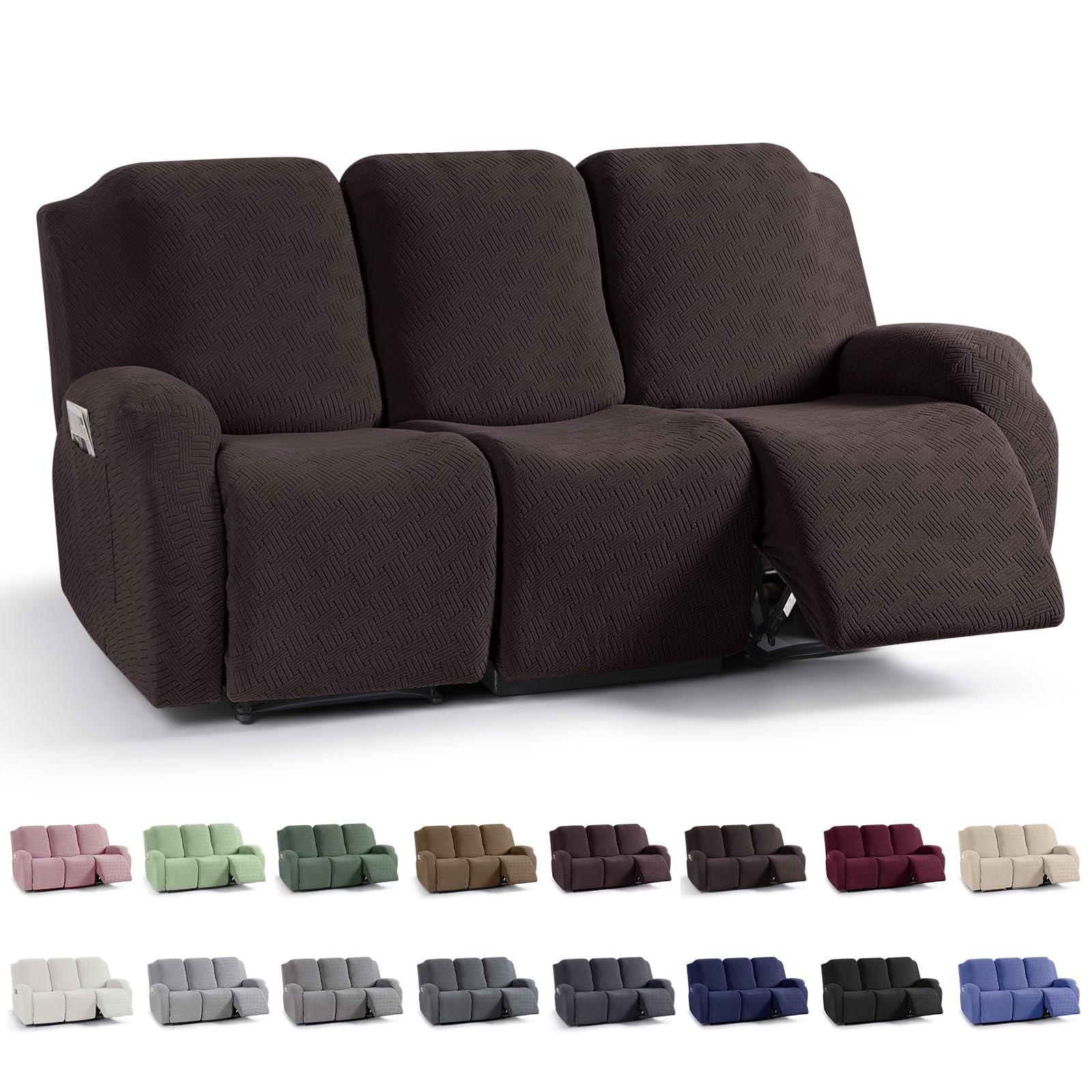 Photo 1 of KinCam Recliner Covers, Stretch Reclining Chair Covers, Recliner Sofa Slipcovers Stripe Jacquard Recliner Couch Covers Furniture Protector Covers for Pet Kid (3 Seater, Chocolate)