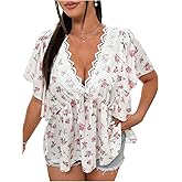 Floerns Women's Plus Size Lace Trim V Neck Peplum Tops Short Sleeve Flared Cute Blouses