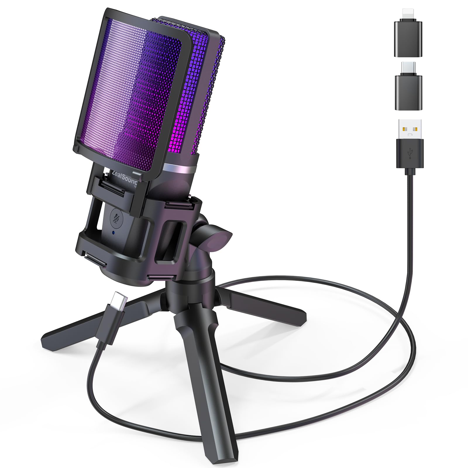 zealsound USB Gaming Microphone, RGB PC Mic for Podcasts Streaming on iPhone Mac PS5—Desktop Condenser Mic w/Mute, 2 Adapters (USB-C & Lightning),Tripod Stand, on Twitch YouTube Discord TikTok