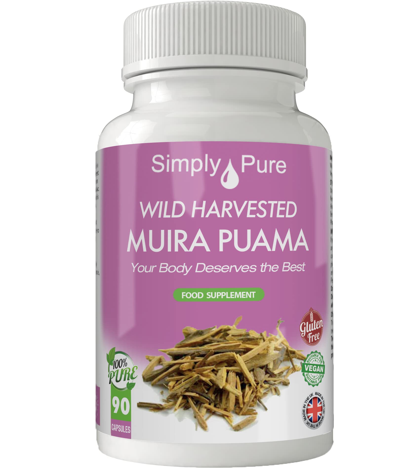 Simply Pure Wild Harvested Muira Puama | Natural Tonic for Men and Women | 'Potency Wood' | 500mg Capsules x 90 | 100% Pure | Gluten Free | GM Free | Vegan