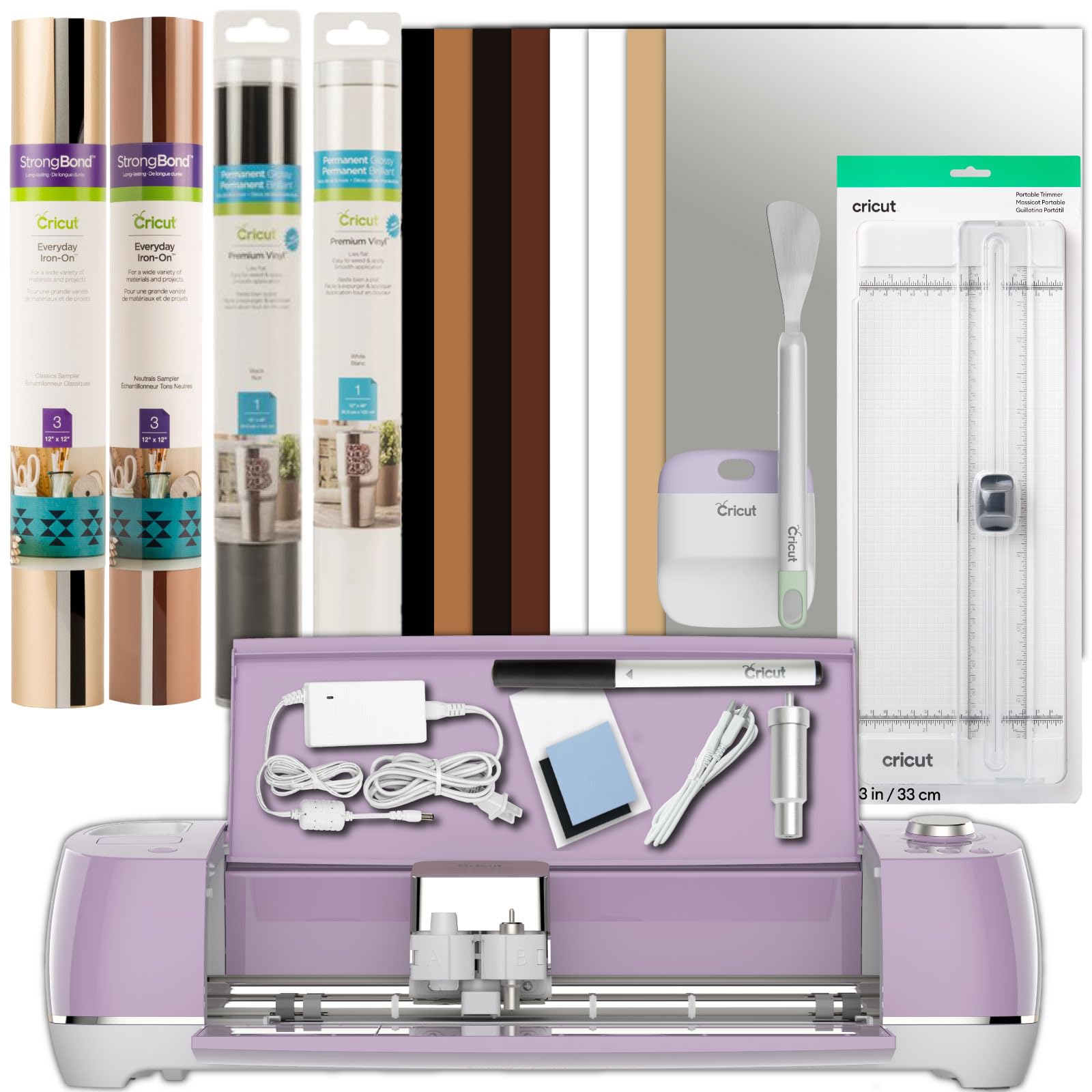 Photo 1 of Cricut Explore Air 2 with Everyday Iron-On Samplers, Vinyl Rolls, Essential Tool Set and Portable Trimmer Bundle - Neutral Cutting Machine Materials Set, DIY Home Decor and Apparel, Beginner Craft Kit