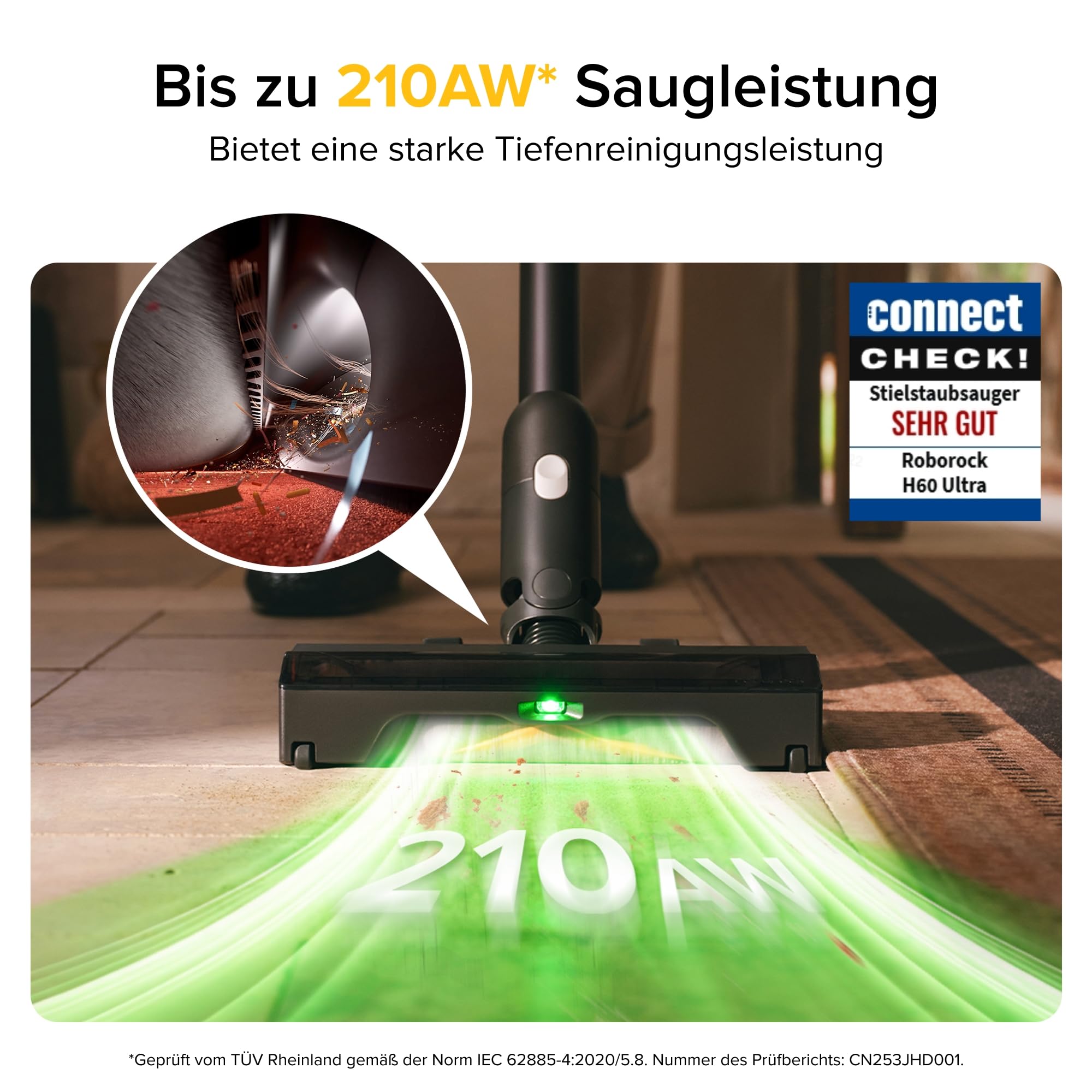roborock H60 Ultra Akku Staubsauger, 210AW kraftvolle Saugleistung, 90 Min. Maximale Laufzeit, 90° Flexibler Saugrohr, Staubsauger kabellos, Anti-Tangle Bürste für Teppiche, Hartböden, Tierhaare, Auto 2