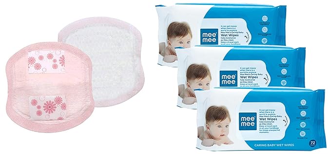 Mee Mee Ultra Thin Super Absorbent Disposable Nursing Breast Pads 40+8 Pads Free (48 Pads) & Caring Baby Wet Wipes with Aloe Vera (72 pcs/Pack) (Pack of 3) Combo