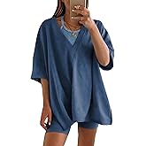 LTSCNRM 2 Piece Outfits for Women Reversible Oversized T Shirt Biker Shorts Sets Workout Tracksuit