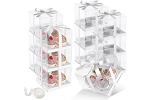 JCD 8 Pack Clear Cupcake Boxes, 4 Count Cupcake Containers with Gift Ribbon,5.3inches height Plastic Cupcake Carrier Holder for Treat Dessert Cookies Muffins Pastry Baby Shower Party (4count/8pcs)