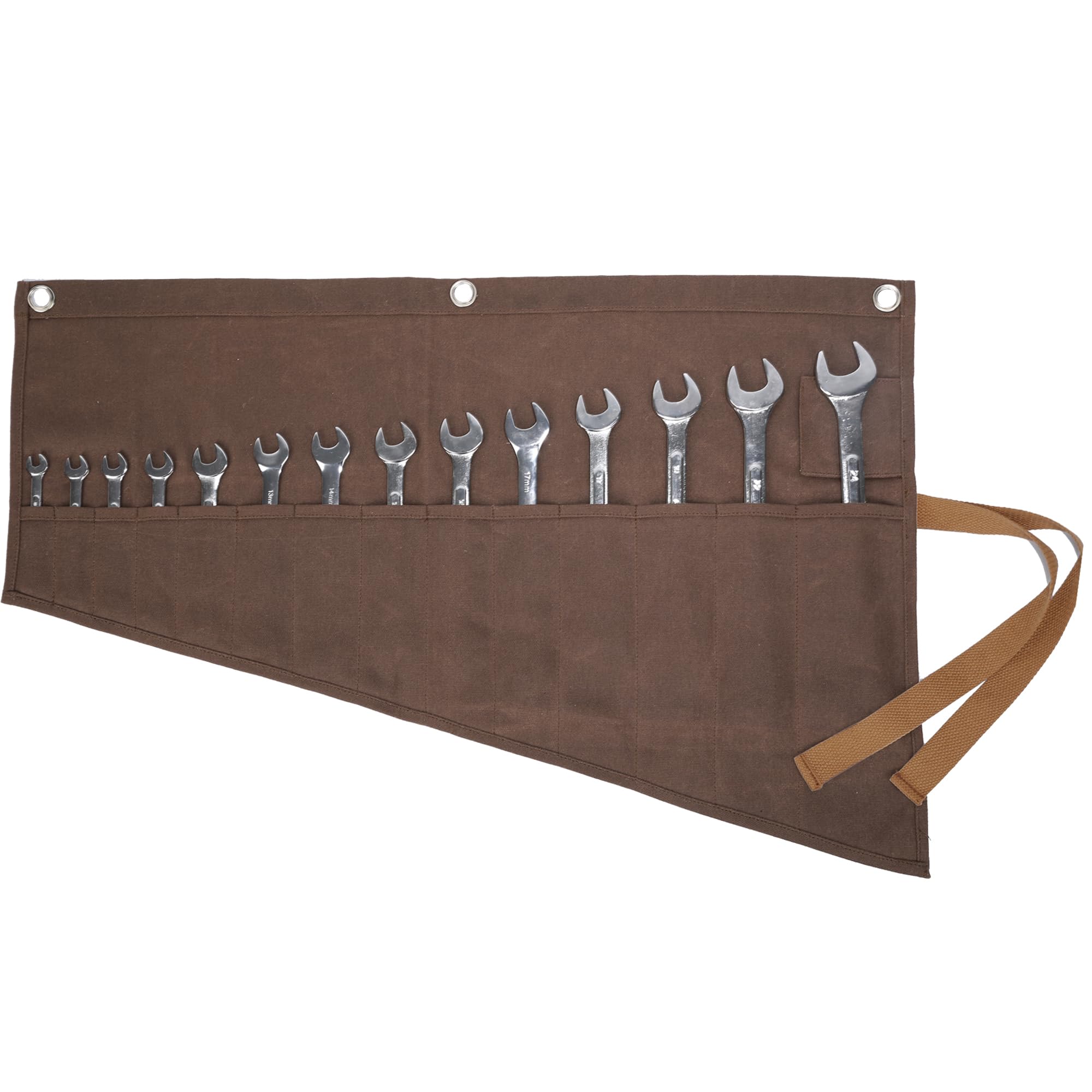 Tool Roll Bag, Multi-Purpose Tool Roll with 14 Slots & Tie Rope, 16OZ Waxed Canvas Wrench Set Storage Roll - Brown
