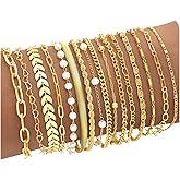 16 PCS Gold Bracelets for Women, Dainty Bracelets Set for Women Trendy, Gold Stackable Cuban Link Paperclip Chain Bracelet Pack Jewelry Gifts for Women