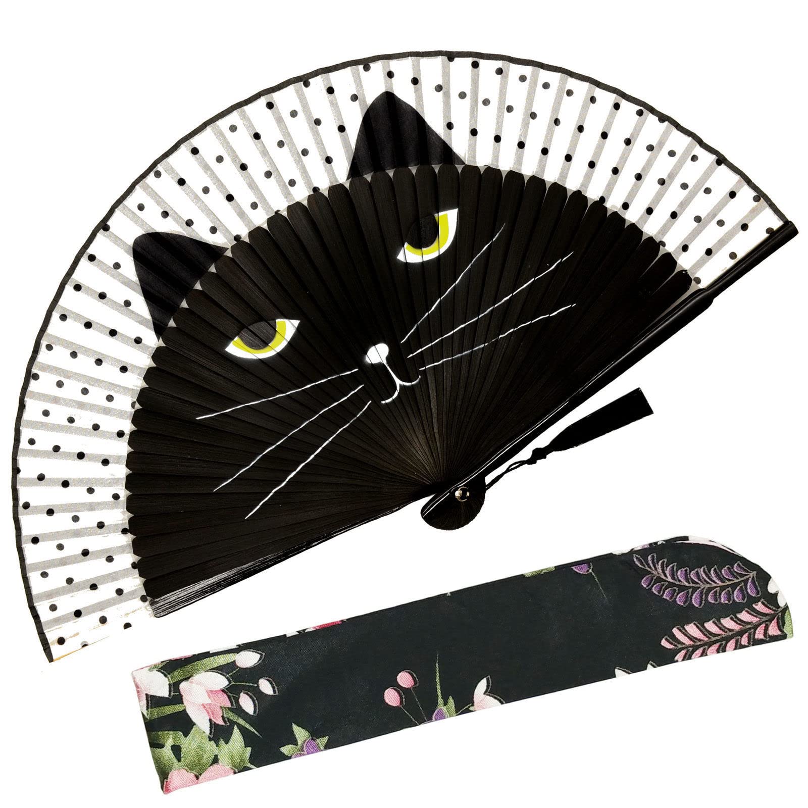 Zolee Small Folding Hand Fan - Chinese Japanese Vintage Bamboo Silk Fans - for Dance, Performance, Decoration, Wedding, Party，Gift (Black Cat) 0202