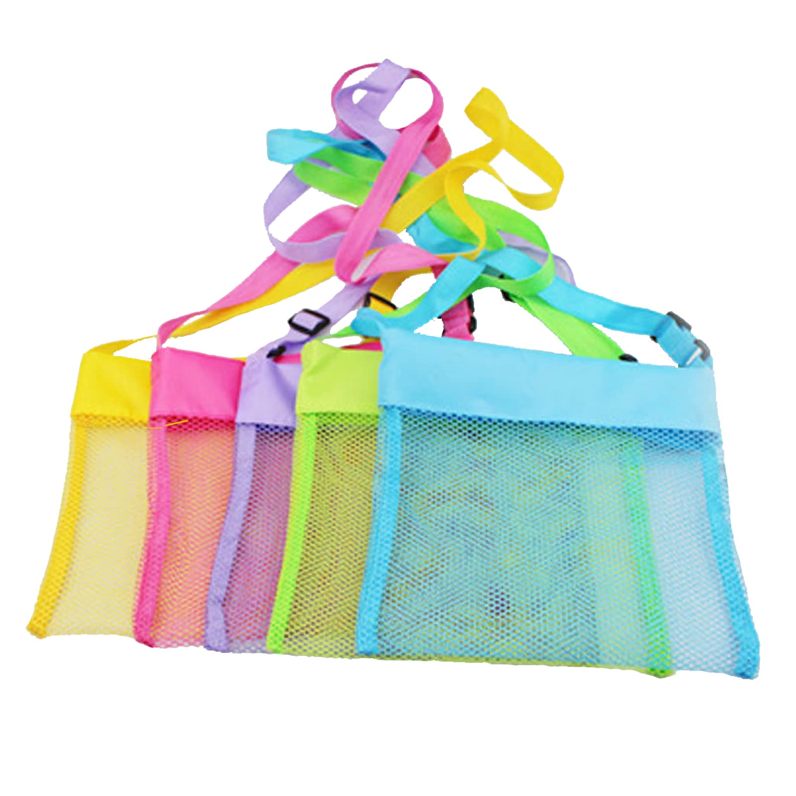 LEMAXELERS 5-PCS Colorful Mesh Beach Bag Shell Collecting Bag Toy Holding Shells with Adjustable Carrying Straps Beach Bags for Kids (5-Pack)