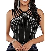 SOLY HUX Women's Tank Tops Sparkle Rhinestone Cut Out Sleeveless Slim Fit Party Top