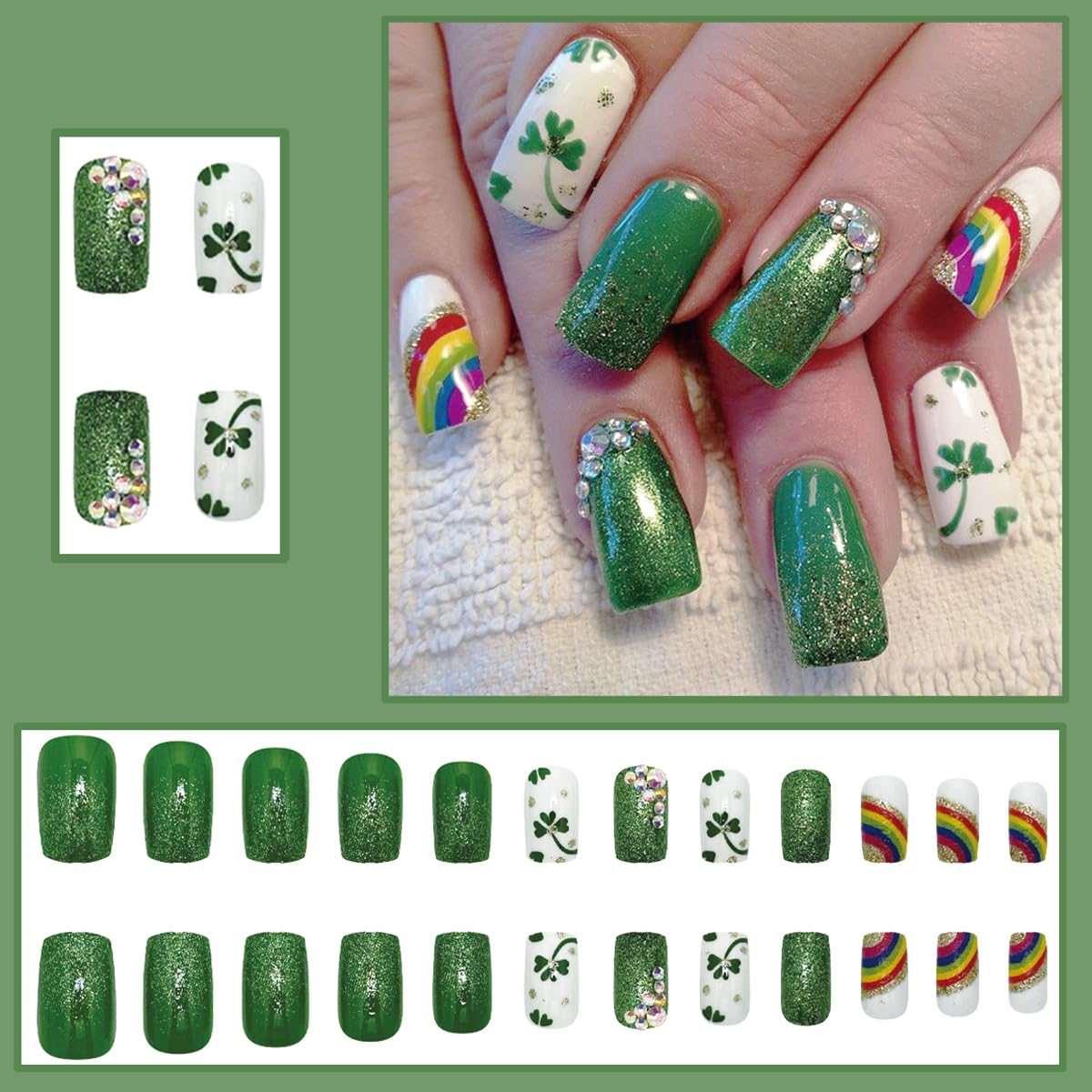 St.Patrick's Day Shamrock Press on Nails Medium Square Fake Nails with Glitter Nail Rhinestones Design Holiday Acrylic Artificial ons Nails Full Cover Glue on Nails Irish False Nails for Women - Image 2