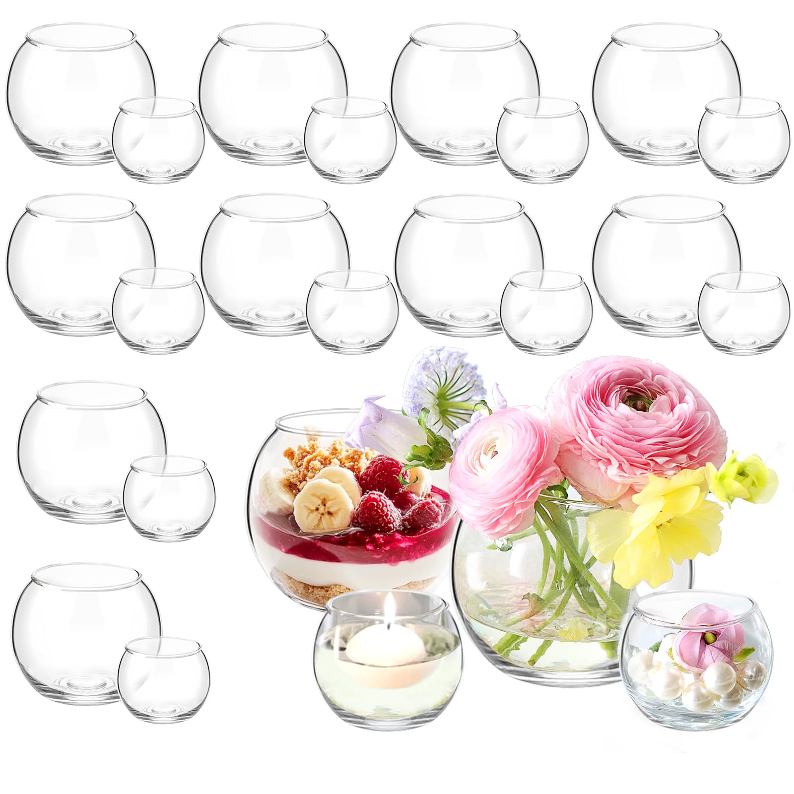 Photo 1 of 24 Pack Glass Bubble Vases,Small flower bud vases bulk,4"W x3"H Set of 12 Pcs Clear Bowl Vase,2.6"W x2.2"H Set of 12 Pcs Round Candle Holders,Mini Globe Vase Centerpiece for Wedding Party,Home Decor