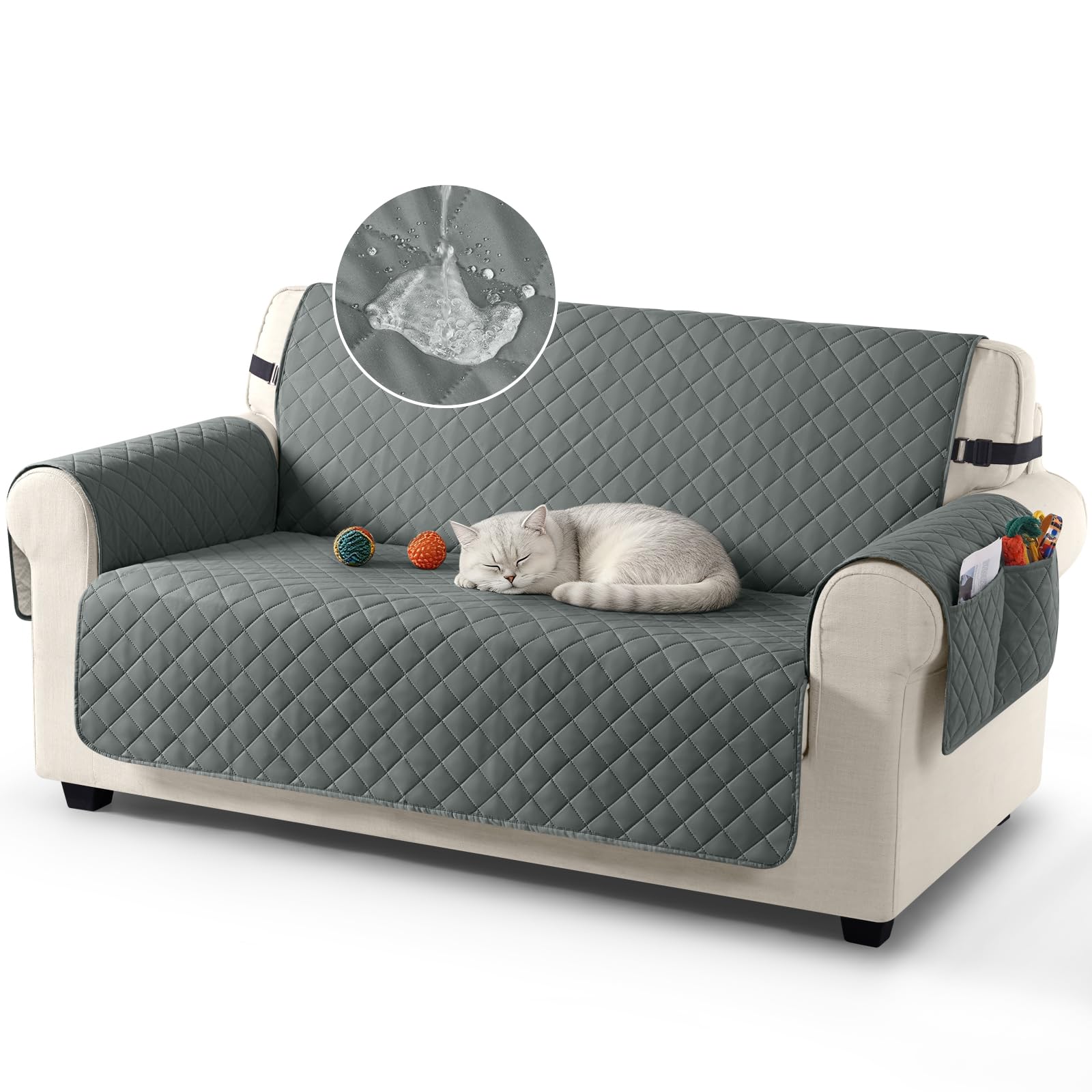 TAOCOCO Sofa Covers 100% Waterproof Sofa Slipcovers 2 Seater,Couch Covers with Storage Pockets,Anti Slip Settee Covers,Washable Sofa Protector for Kids/Dogs/Pets(Dark Grey)