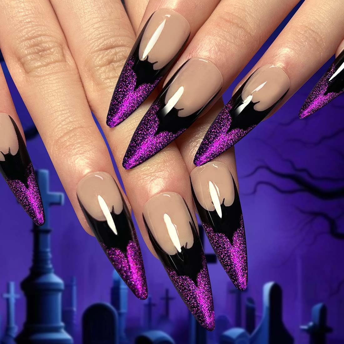 Cubahop 24PCS French Halloween Press on Nails Fake Nails Purple Bat Design Cute Cosplay False Nails Glossy Nails for Women