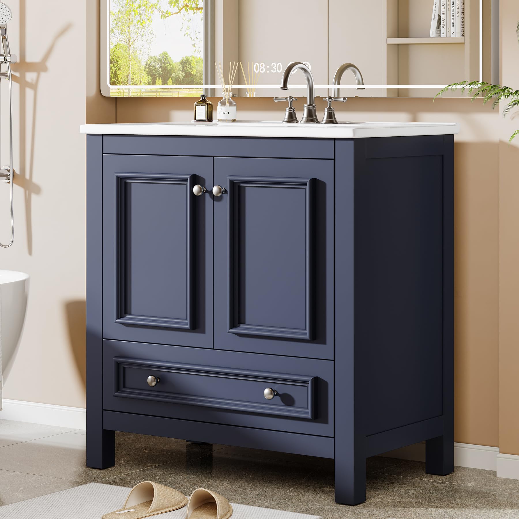 Photo 1 of **INCOMPLETE/SEE NOTES** Tribesigns 30" Modern Bathroom Vanity with Sink, Freestanding Bathroom Vanities Cabinet with Ceramic Basin Combo, Bathroom Sink Cabinet with 2 Doors and 1 Drawer, Solid Wooden Frame, Navy Blue