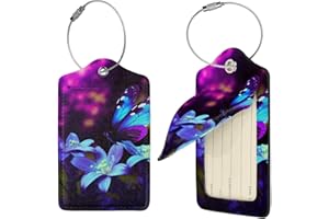 Blue Purple Flower Butterfly Luggage Tags for Suitcases, 2 PCS PU Leather Suitcase Tags Identifiers with Stainless Steel Loop