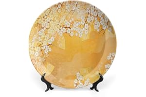 LIGUTARS Decorative Plates, Asian Print Ornament, Japanese Cherry Blossom Tree Branches, 10 Inch, 1 Plate with 1 Display Stand, Marigold Cream