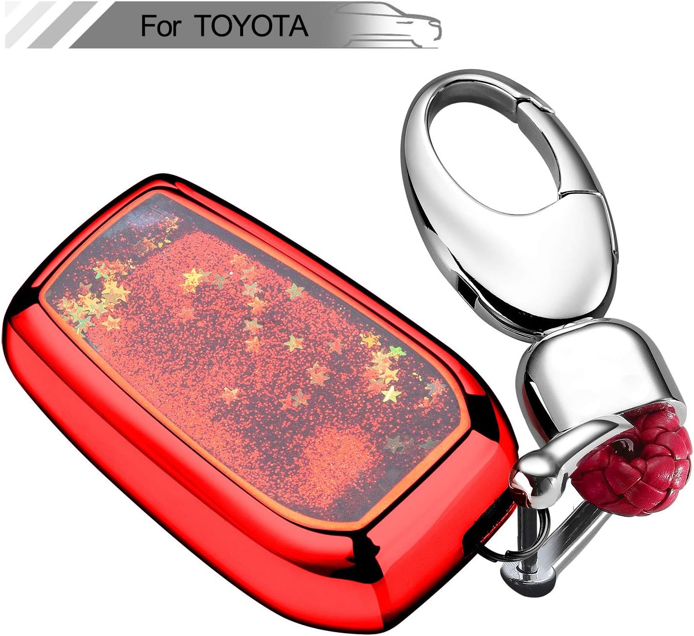 YIJINSHENG TPU Car Key Soft Plating Protection Shell Case Quicksand Shining Star Cover for Toyota Holder Toyota Camry Highlander Rav 4 Corolla Smart Remote Key Shell with Key Chain (Red)