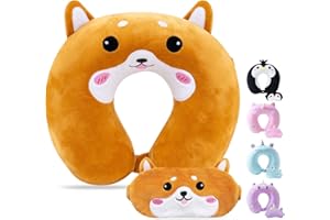 Cirorld Travel Pillow for Kids Adult Cute Neck Pillow for Traveling Memory Foam Airplane Pillow Sleep Mask Animal Flight Pillow Head Rest Neck Support for Cars Long Flights (Dog, 3-8 Y/O)