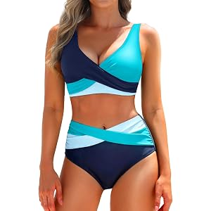 Women High Waisted Bikini Set Two Piece Color Block Tummy Control Swimsuit | Twist Front, Surplice V-Neck, Removable Cups, Fu