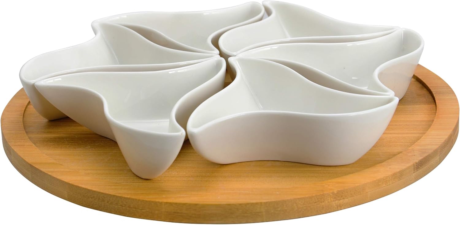 Elama Ceramic Stoneware Condiment Appetizer Set, 7 Piece, Unique Round in White and Natural Bamboo